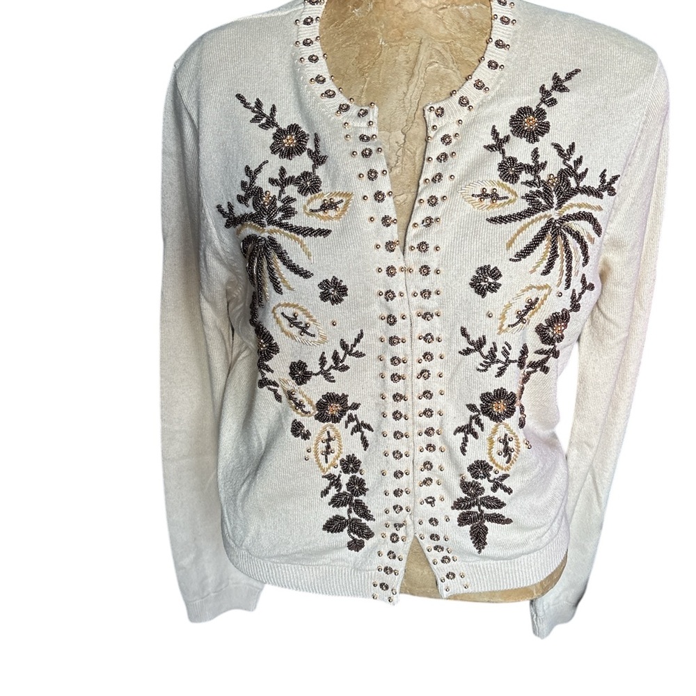 Moda Cream and Brown Embroidered Cardigan Sweater